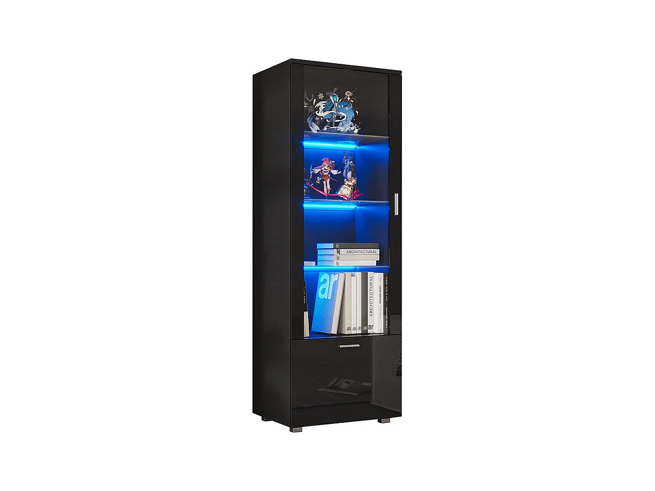 Vitrine avec portes brillantes 3 étagères vitrées en verre éclairées par LED vitrines pour objets de collection armoires à parfum bibliothèques noir