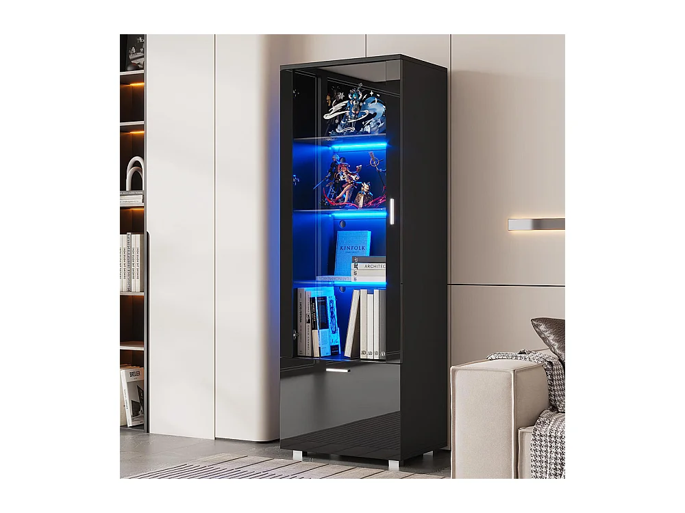Vitrine avec portes brillantes 3 étagères vitrées en verre éclairées par LED vitrines pour objets de collection armoires à parfum bibliothèques noir