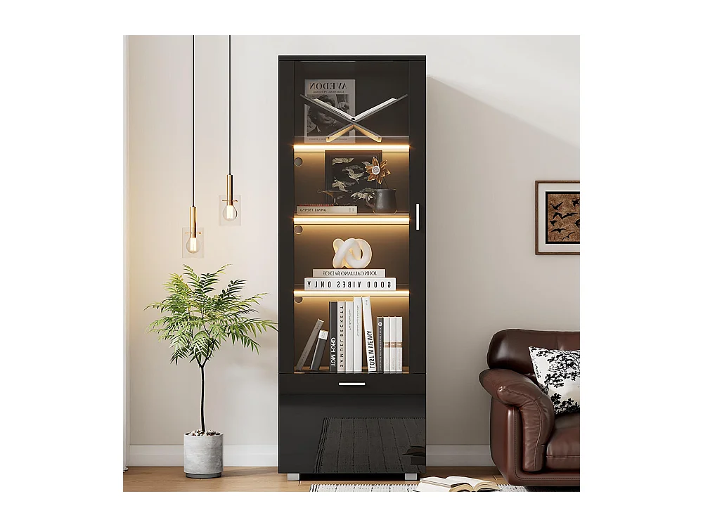 Vitrine avec portes brillantes 3 étagères vitrées en verre éclairées par LED vitrines pour objets de collection armoires à parfum bibliothèques noir