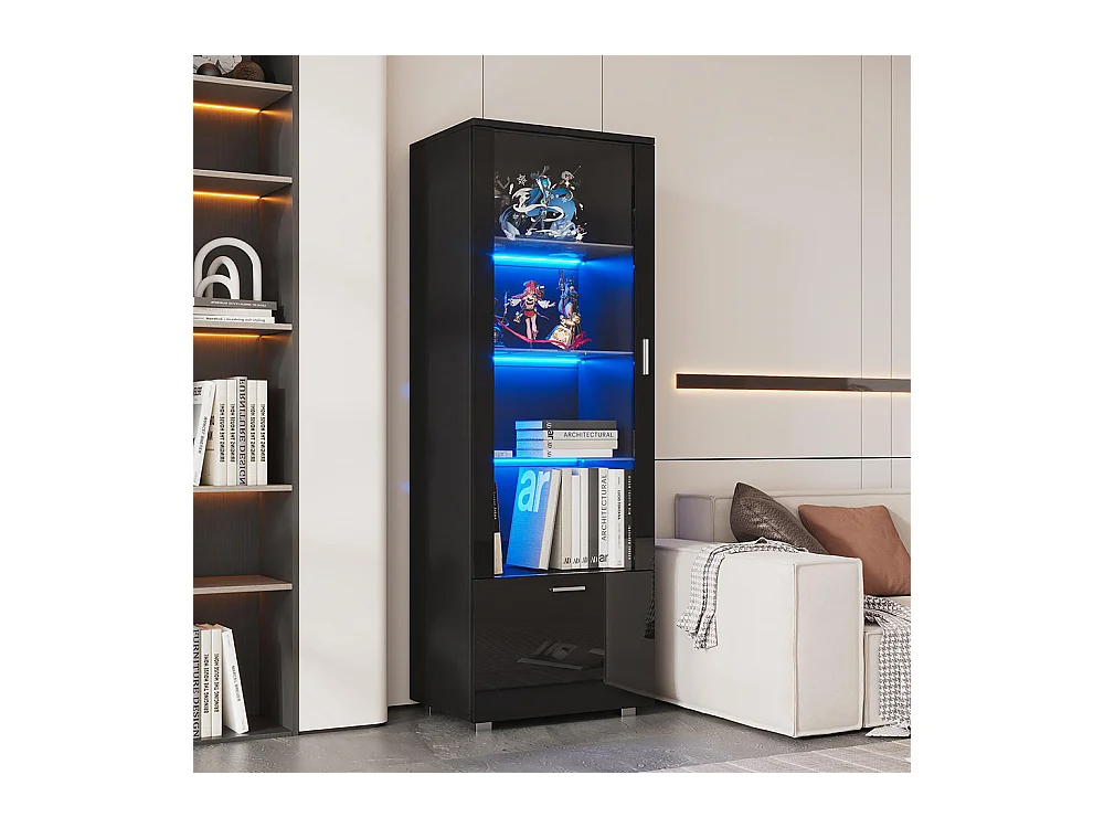 Vitrine avec portes brillantes 3 étagères vitrées en verre éclairées par LED vitrines pour objets de collection armoires à parfum bibliothèques noir