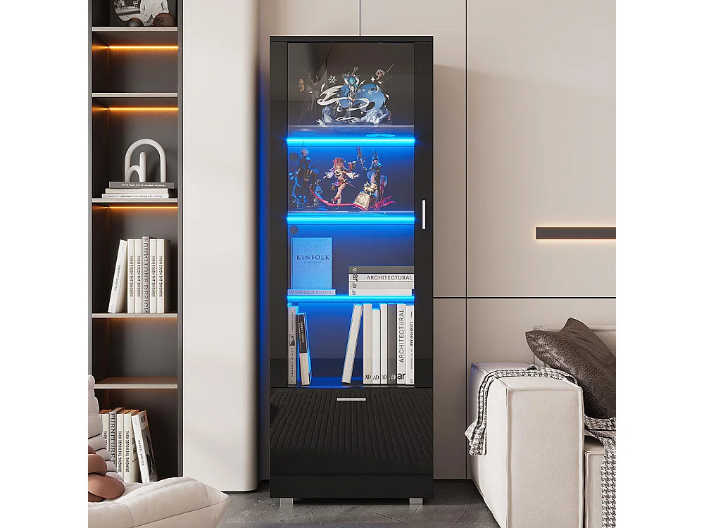 Vitrine avec portes brillantes 3 étagères vitrées en verre éclairées par LED vitrines pour objets de collection armoires à parfum bibliothèques noir