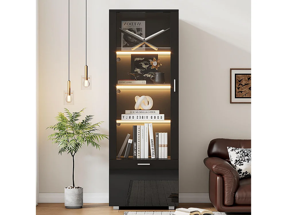 Vitrine avec portes brillantes 3 étagères vitrées en verre éclairées par LED vitrines pour objets de collection armoires à parfum bibliothèques noir