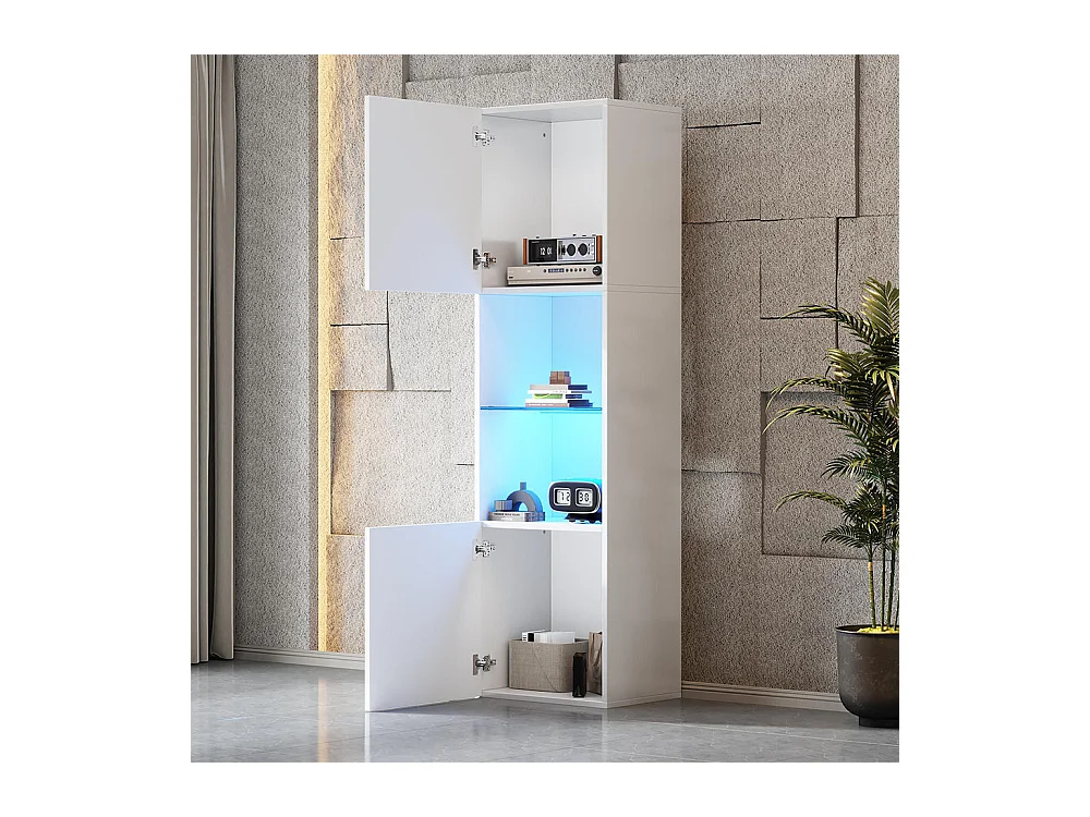 Vitrine LED brillante avec éclairage 1 étagère en verre vitrine sur pied armoire haute blanc