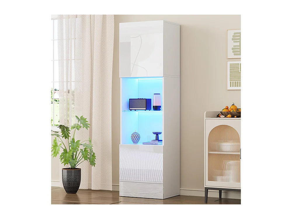 Vitrine LED brillante avec éclairage 1 étagère en verre vitrine sur pied armoire haute blanc