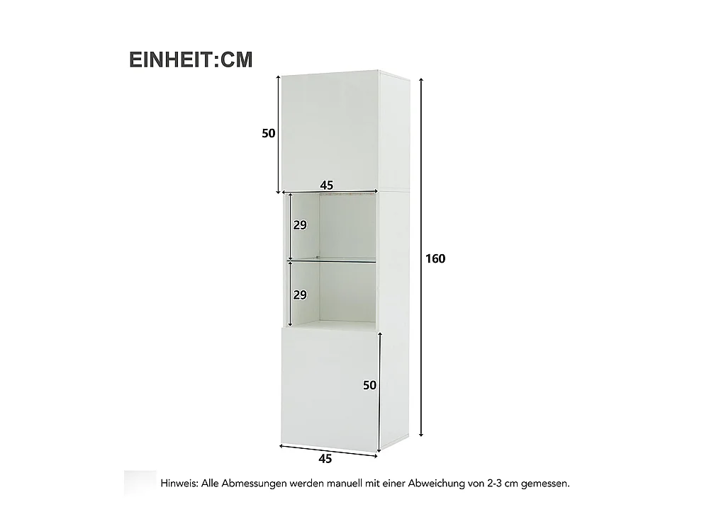 Vitrine LED brillante avec éclairage 1 étagère en verre vitrine sur pied armoire haute blanc