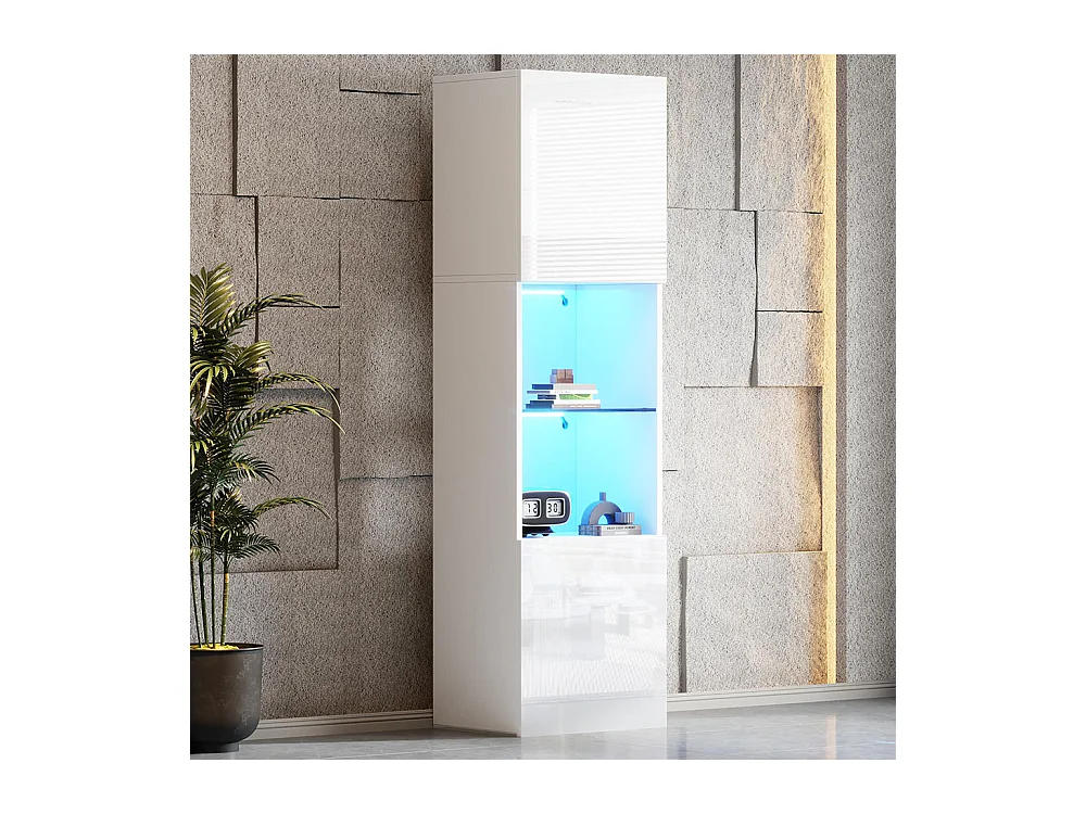 Vitrine LED brillante avec éclairage 1 étagère en verre vitrine sur pied armoire haute blanc
