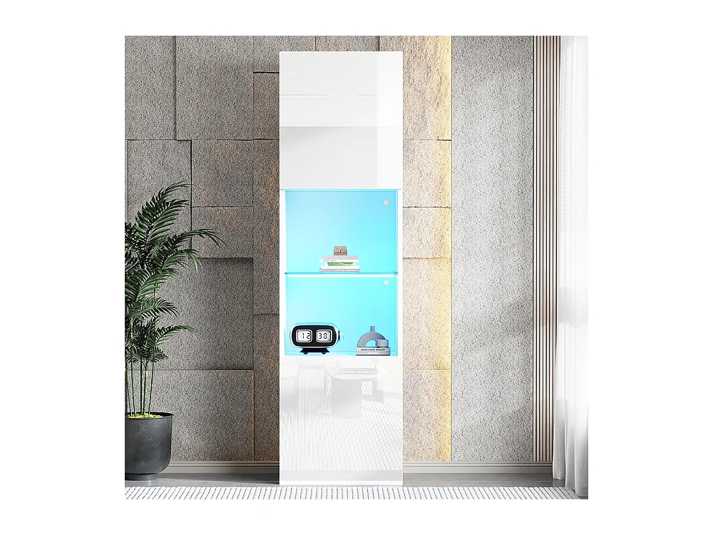 Vitrine LED brillante avec éclairage 1 étagère en verre vitrine sur pied armoire haute blanc