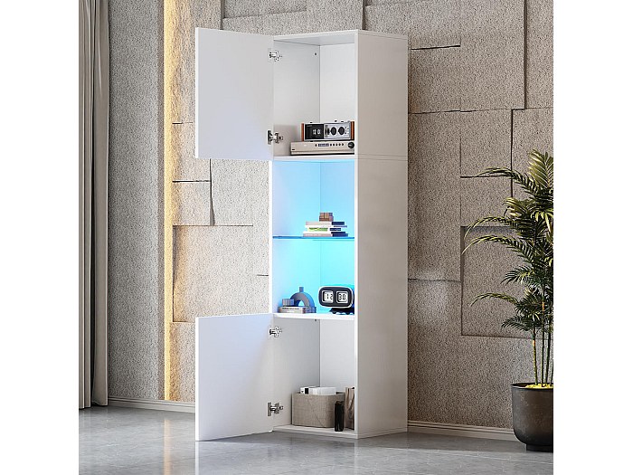 Vitrine Avec Éclairage LED - 70x35x180 Cm, Blanc | Verre Trempé, 2 Portes, Tiroirs Et Rangement Modulable