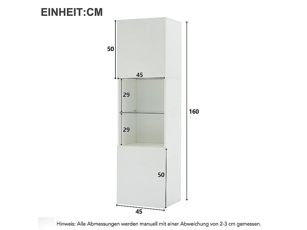 Vitrine LED brillante avec éclairage 1 étagère en verre vitrine sur pied armoire haute blanc