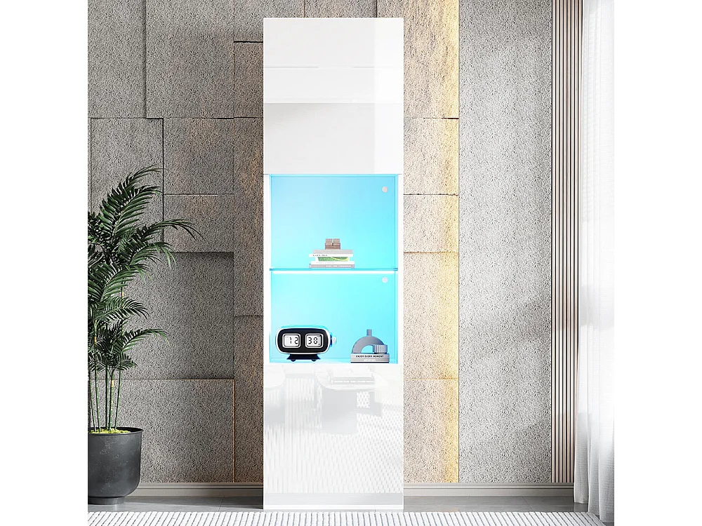 Vitrine LED brillante avec éclairage 1 étagère en verre vitrine sur pied armoire haute blanc