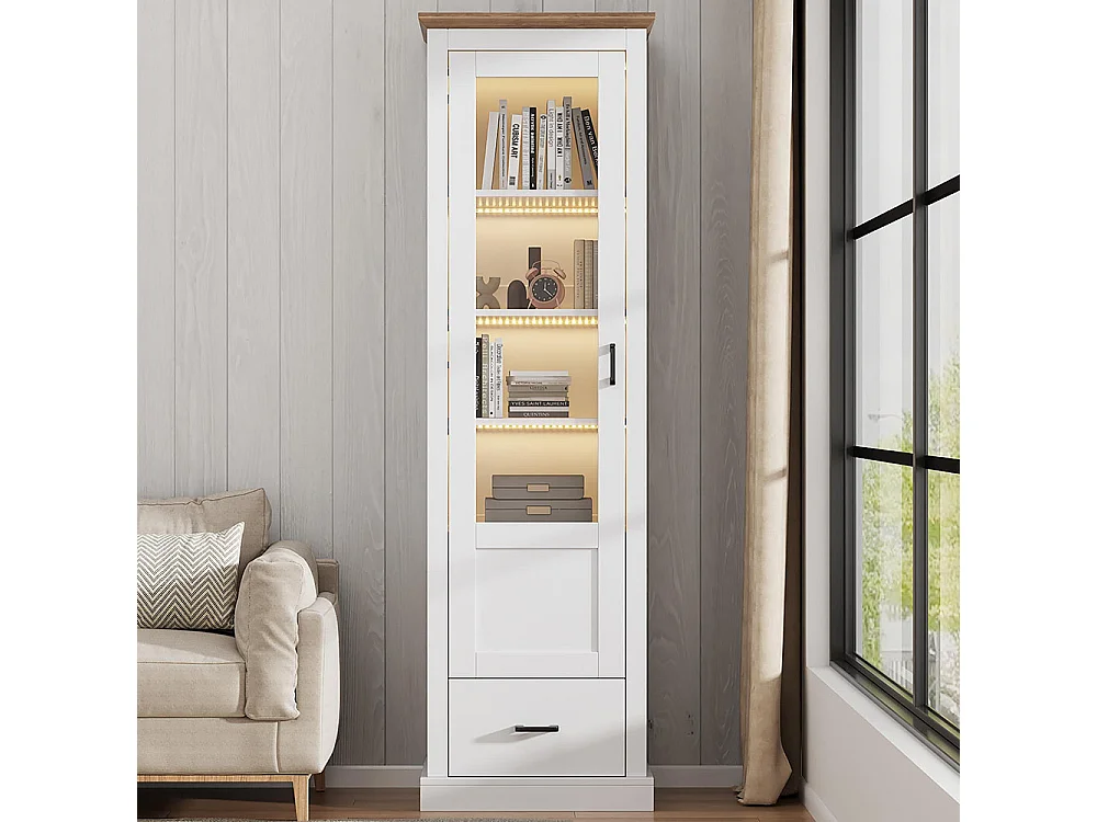 Vitrine LED avec port et tiroir USB télécommande 16 couleurs sur pied avec décor bois armoire de présentation à 5 compartiments MDF blanc