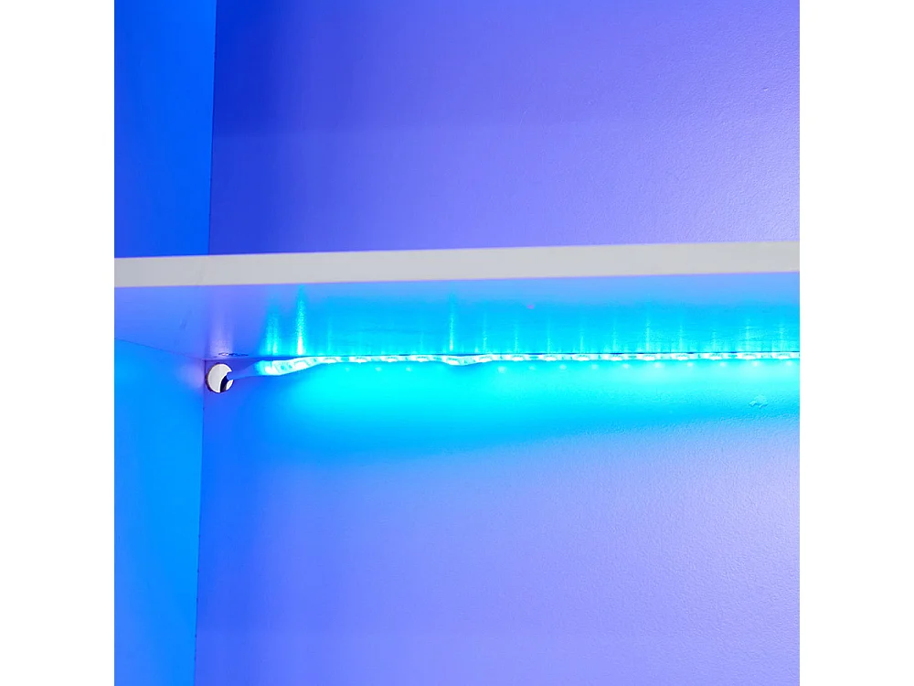 Vitrine LED avec port et tiroir USB télécommande 16 couleurs sur pied avec décor bois armoire de présentation à 5 compartiments MDF blanc