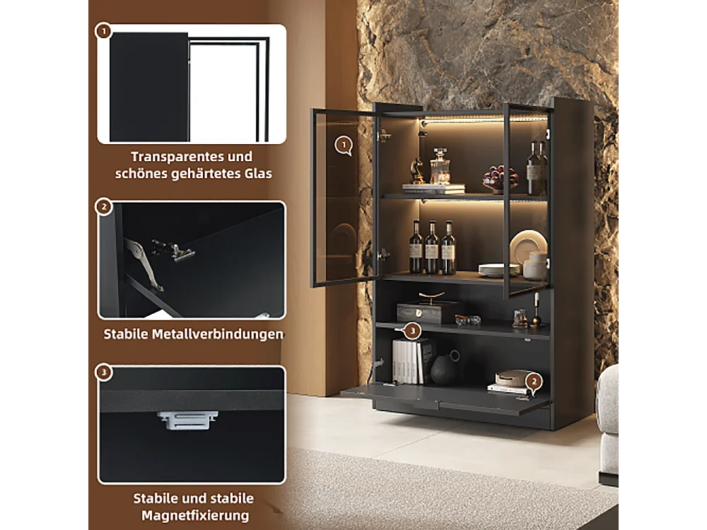 Vitrine avec portes LED moderne avec éclairage 16 couleurs sur pied avec éclairage vitrées et porte abattante noir