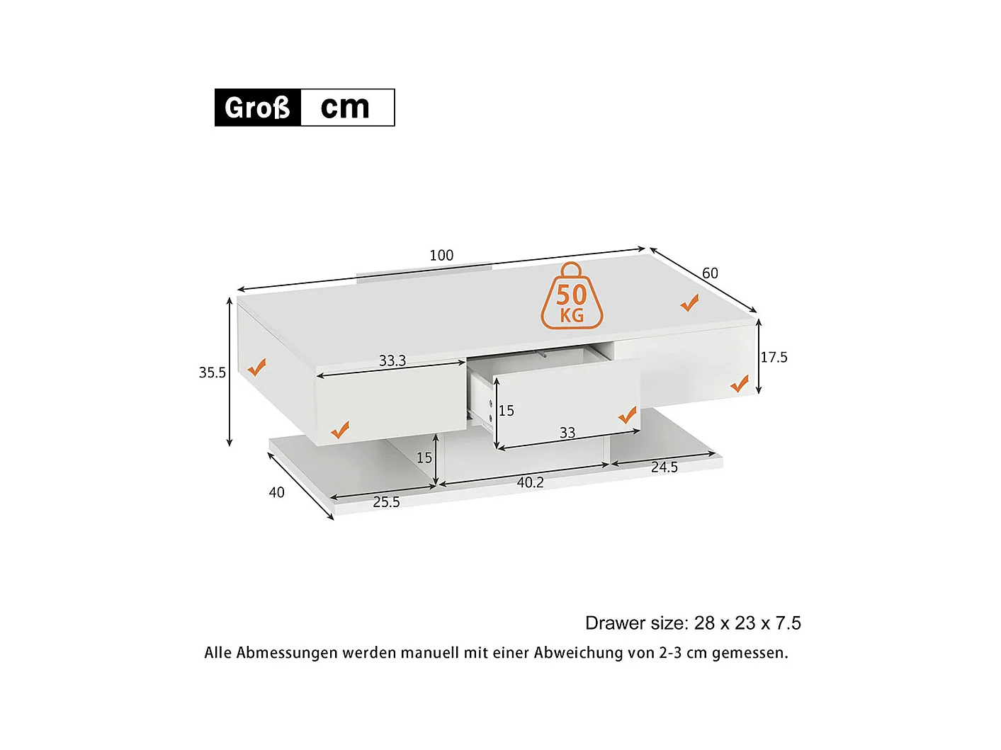 Table basse avec 2 tiroirs moderne brillants grande table basse salon blanc