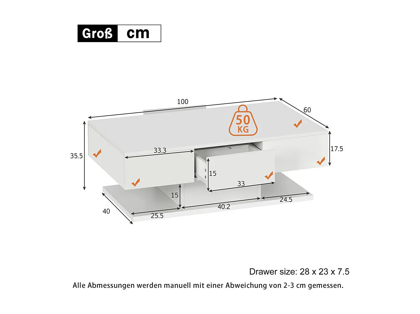 Table basse avec 2 tiroirs moderne brillants grande table basse salon blanc