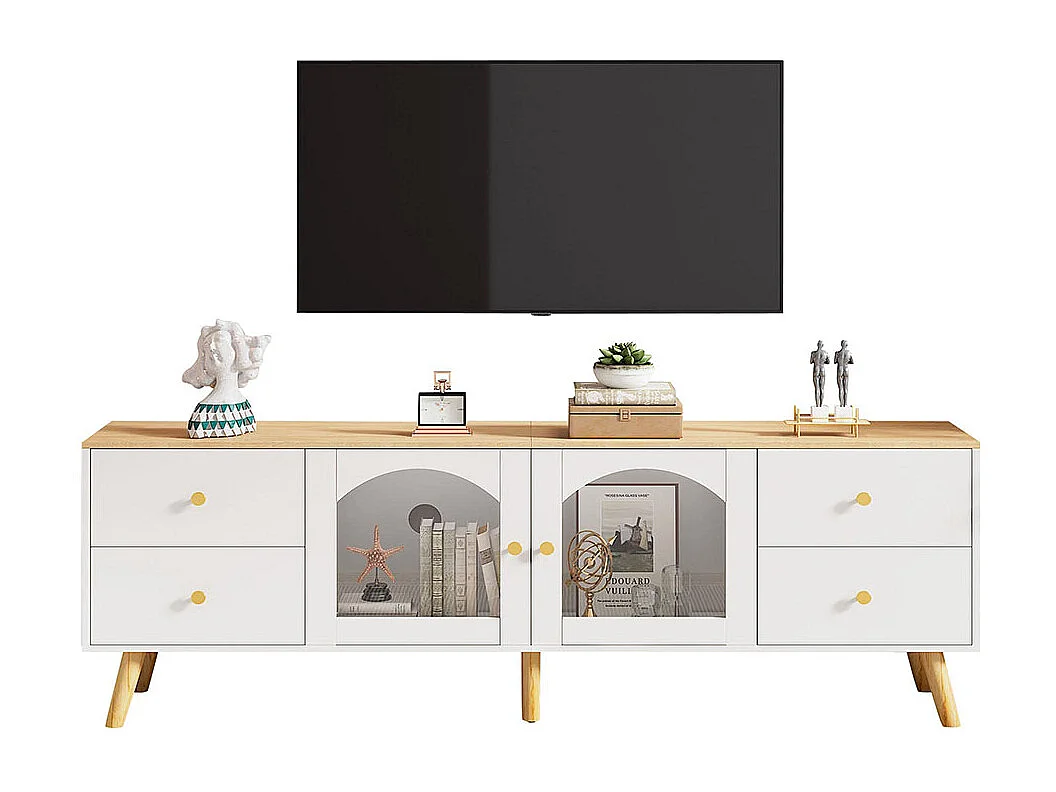 Meuble TV avec 4 tiroirs et 2 portes meuble décoratif latérales en verre trempé table décorative au design incurvé bois+blanc