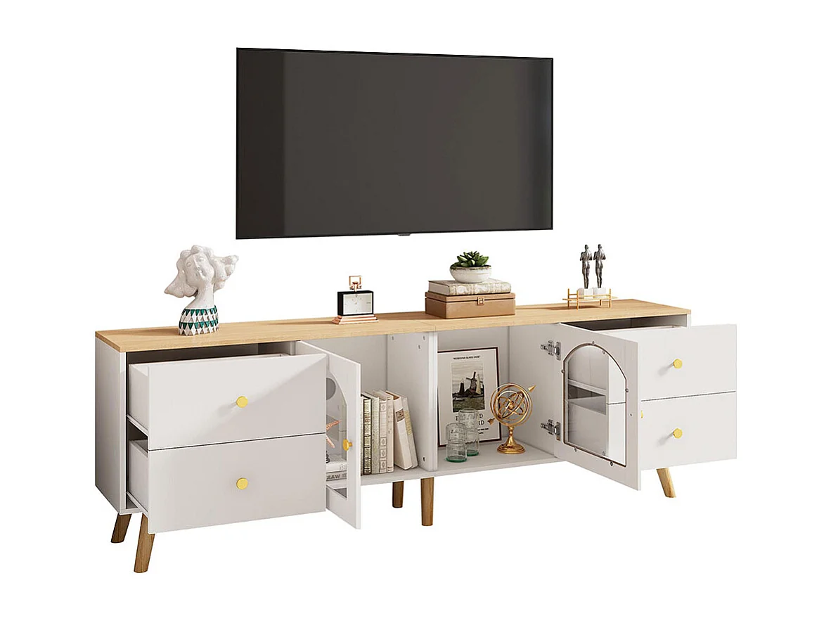 Meuble TV avec 4 tiroirs et 2 portes meuble décoratif latérales en verre trempé table décorative au design incurvé bois+blanc