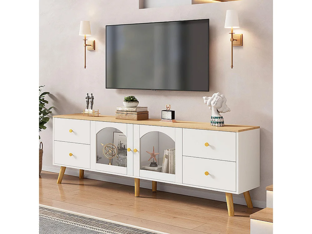 Meuble TV avec 4 tiroirs et 2 portes meuble décoratif latérales en verre trempé table décorative au design incurvé bois+blanc