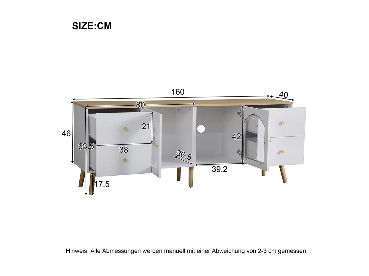 Meuble TV avec 4 tiroirs et 2 portes meuble décoratif latérales en verre trempé table décorative au design incurvé bois+blanc