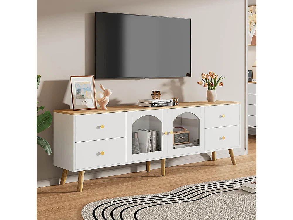 Meuble TV avec 4 tiroirs et 2 portes meuble décoratif latérales en verre trempé table décorative au design incurvé bois+blanc