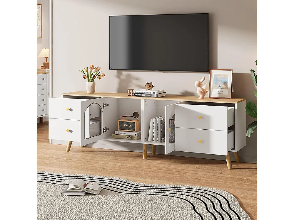 Meuble TV avec 4 tiroirs et 2 portes meuble décoratif latérales en verre trempé table décorative au design incurvé bois+blanc