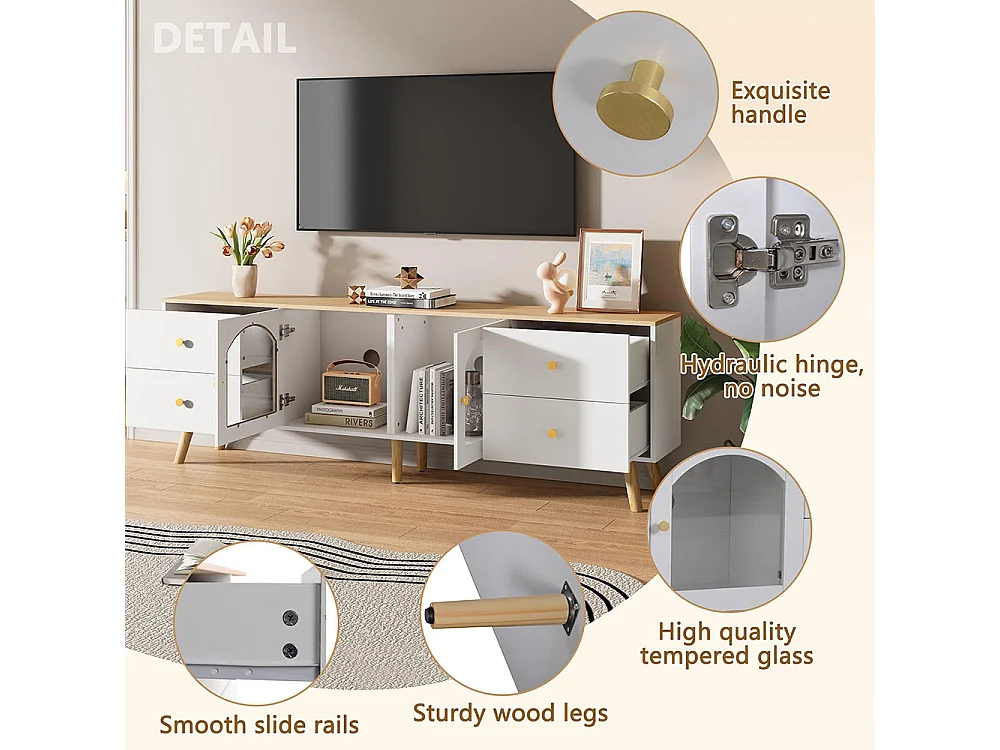 Meuble TV avec 4 tiroirs et 2 portes meuble décoratif latérales en verre trempé table décorative au design incurvé bois+blanc