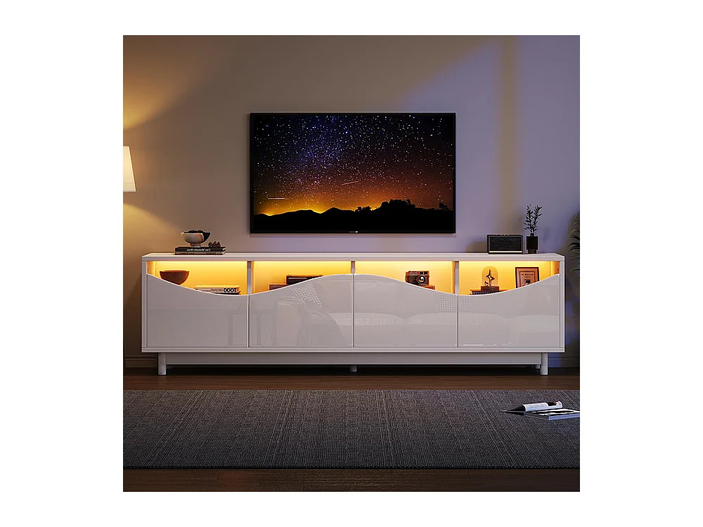 Meuble TV LED avec 4 portes au design incurvé blanc brillant porte en verre trempé éclairage