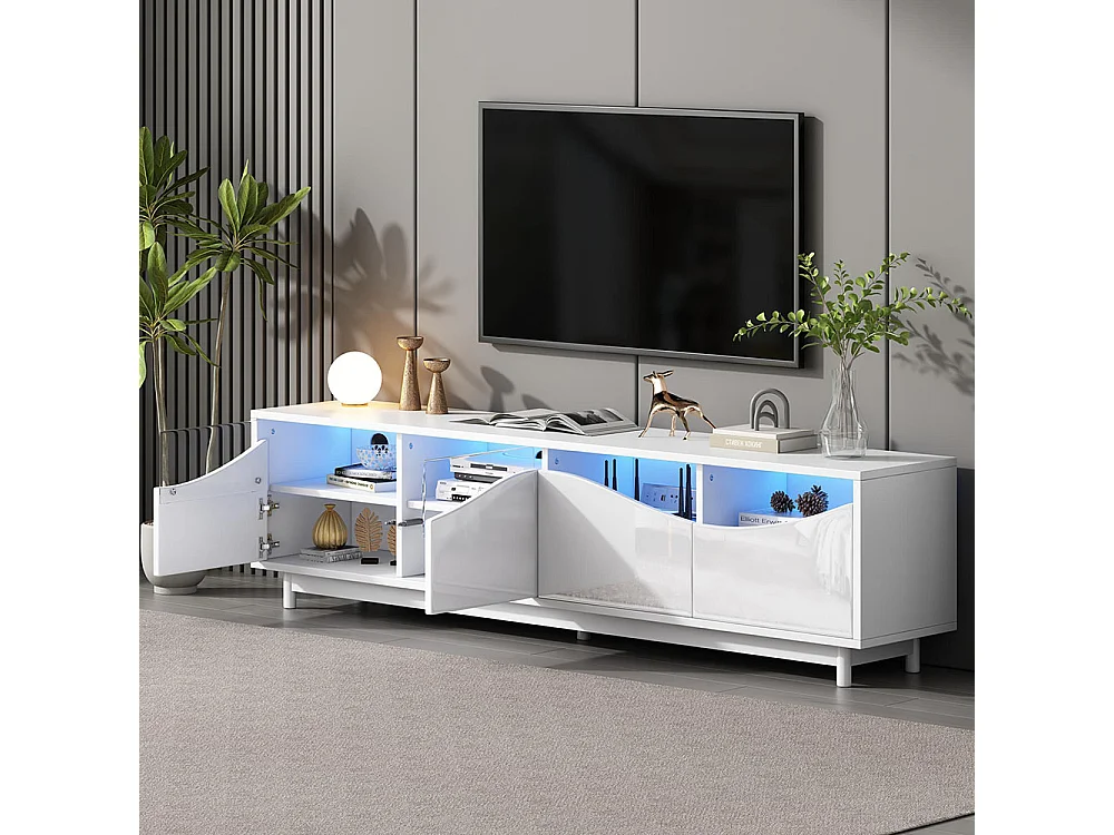 Meuble TV LED avec 4 portes au design incurvé blanc brillant porte en verre trempé éclairage
