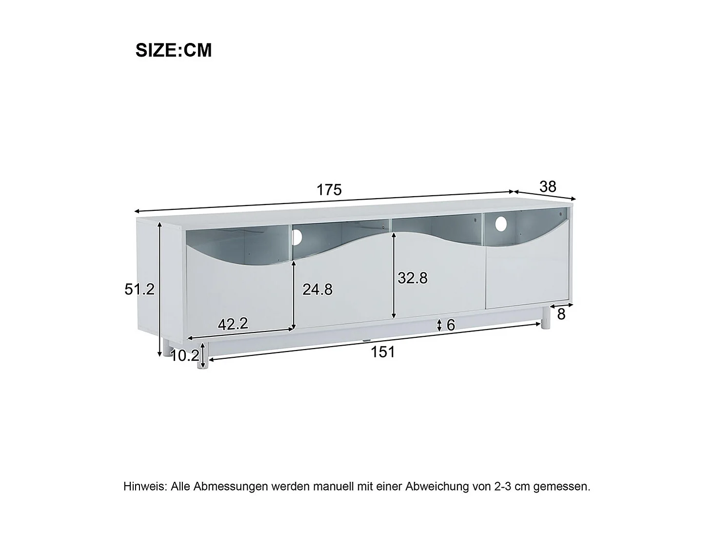 Meuble TV LED avec 4 portes au design incurvé blanc brillant porte en verre trempé éclairage