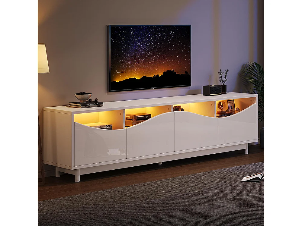 Meuble TV LED avec 4 portes au design incurvé blanc brillant porte en verre trempé éclairage