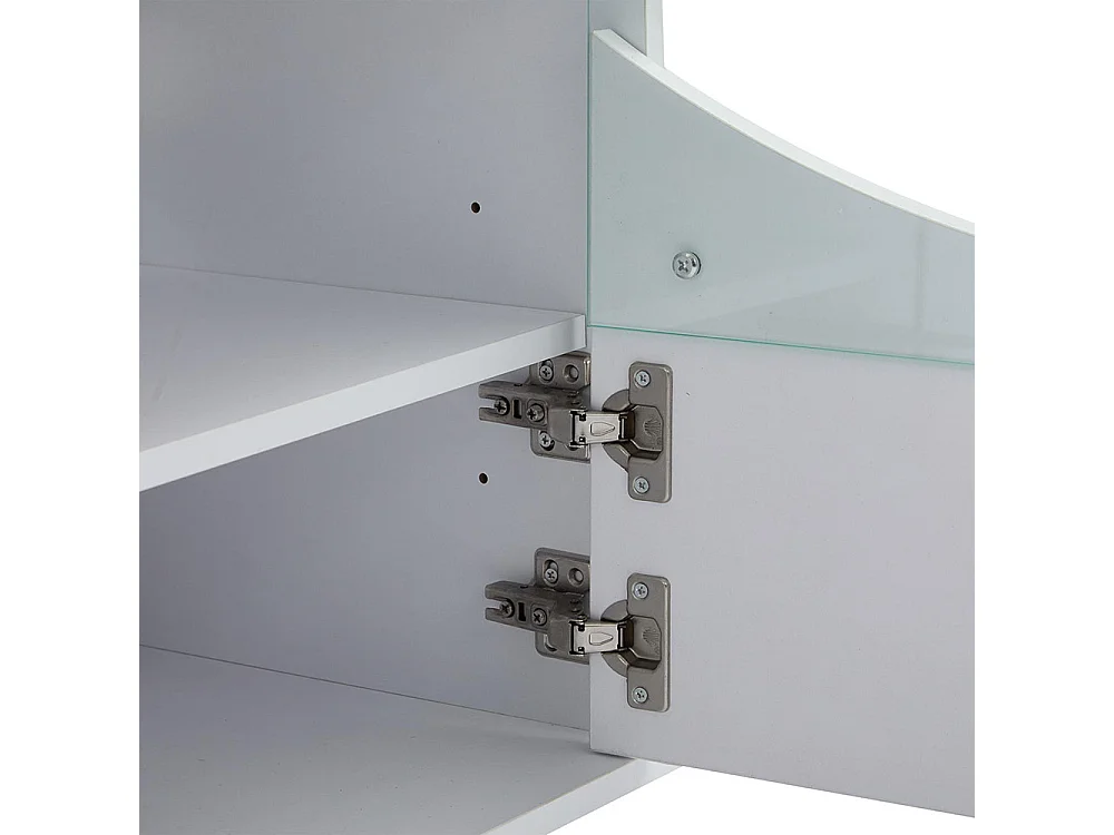 Meuble TV LED avec 4 portes au design incurvé blanc brillant porte en verre trempé éclairage