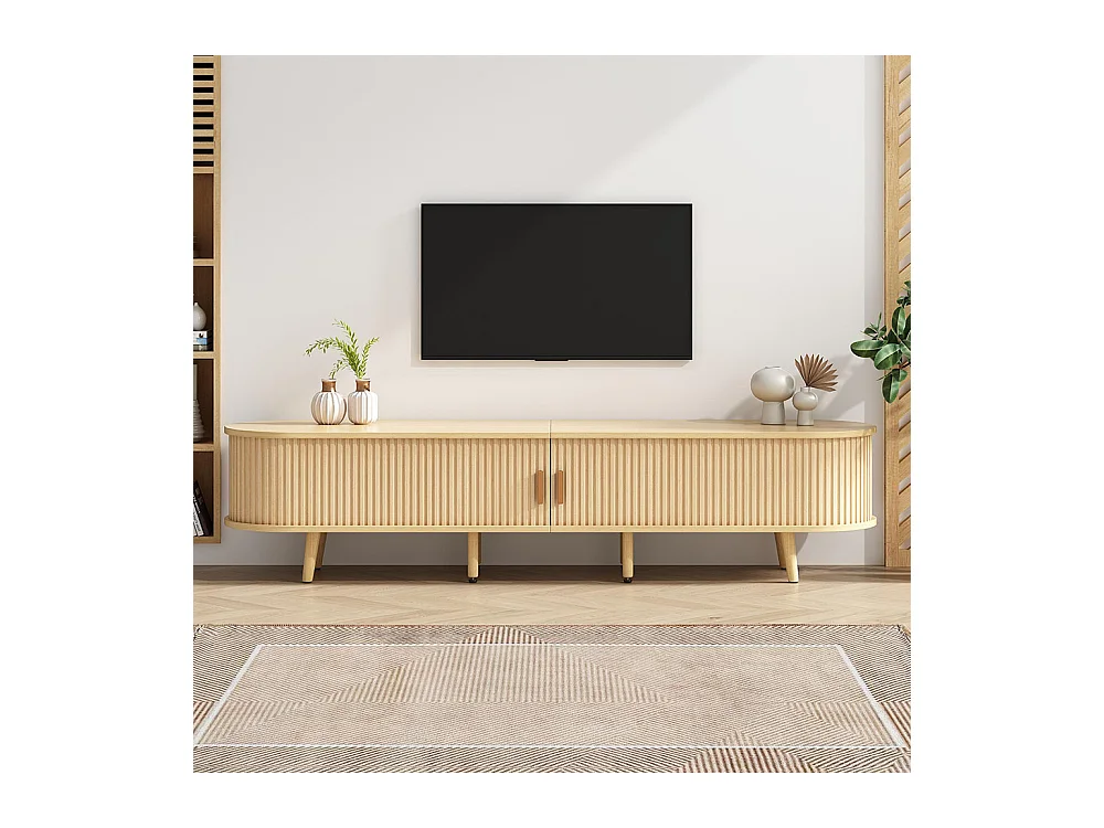 Meuble TV 2 tiroirs et espace de rangement + plateau de table rond MDF veinure du bois naturel