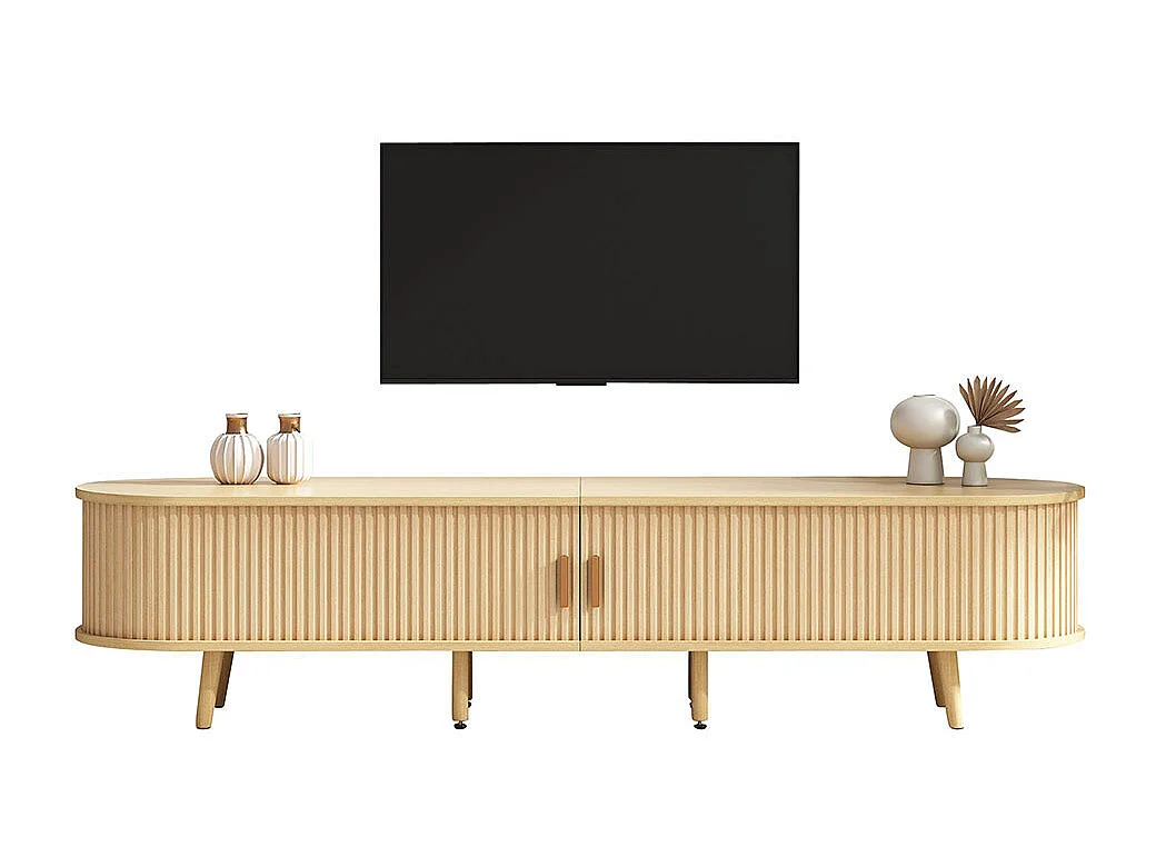 Meuble TV 2 tiroirs et espace de rangement + plateau de table rond MDF veinure du bois naturel