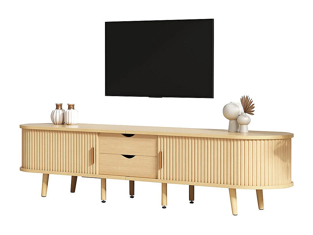 Meuble TV 2 tiroirs et espace de rangement + plateau de table rond MDF veinure du bois naturel
