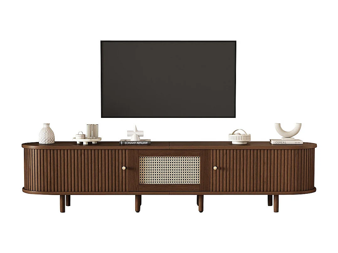 Meuble TV rotin design MDF pieds réglables ovale en noyer foncé marron