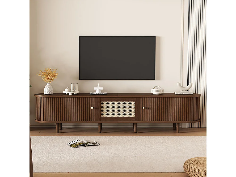 Meuble TV rotin design MDF pieds réglables ovale en noyer foncé marron