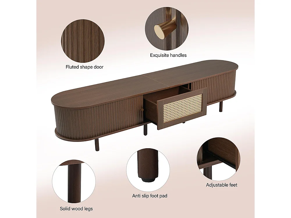 Meuble TV rotin design MDF pieds réglables ovale en noyer foncé marron