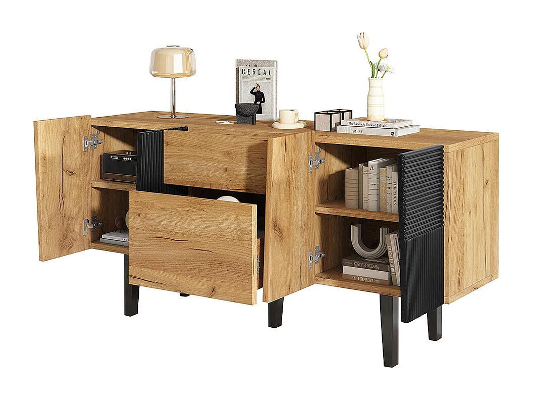 Meuble TV avec 2 tiroirs et 2 portes pour téléviseur 60 avec pieds en bois massif naturel