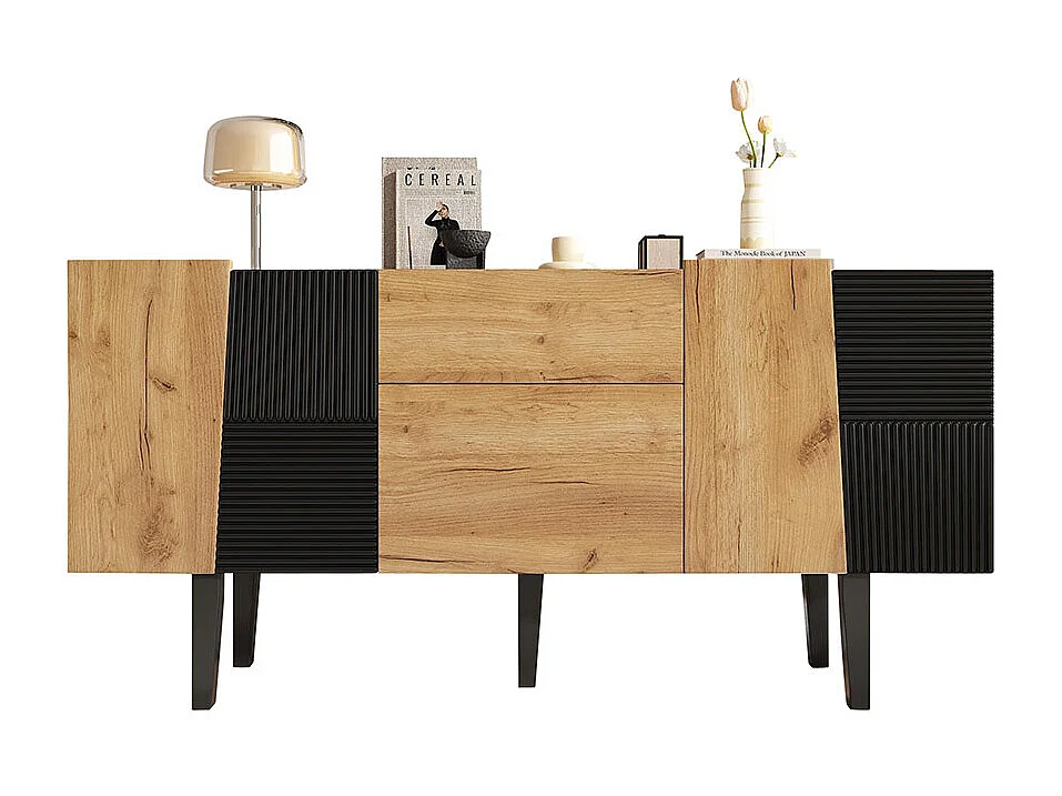 Meuble TV avec 2 tiroirs et 2 portes pour téléviseur 60 avec pieds en bois massif naturel