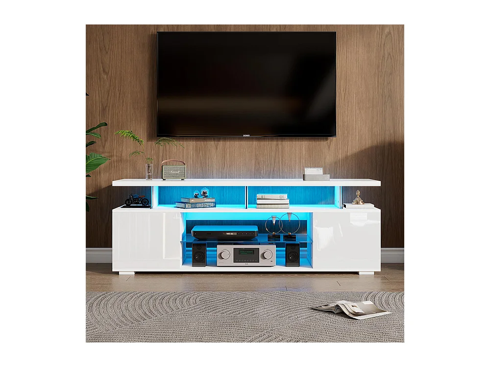 Meuble TV moderne à panneaux bas et finition brillante avec éclairage LED pour téléviseur 60 pouces tables blanc pur