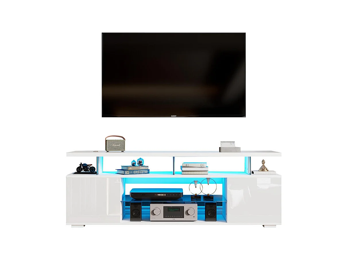 Meuble TV moderne à panneaux bas et finition brillante avec éclairage LED pour téléviseur 60 pouces tables blanc pur