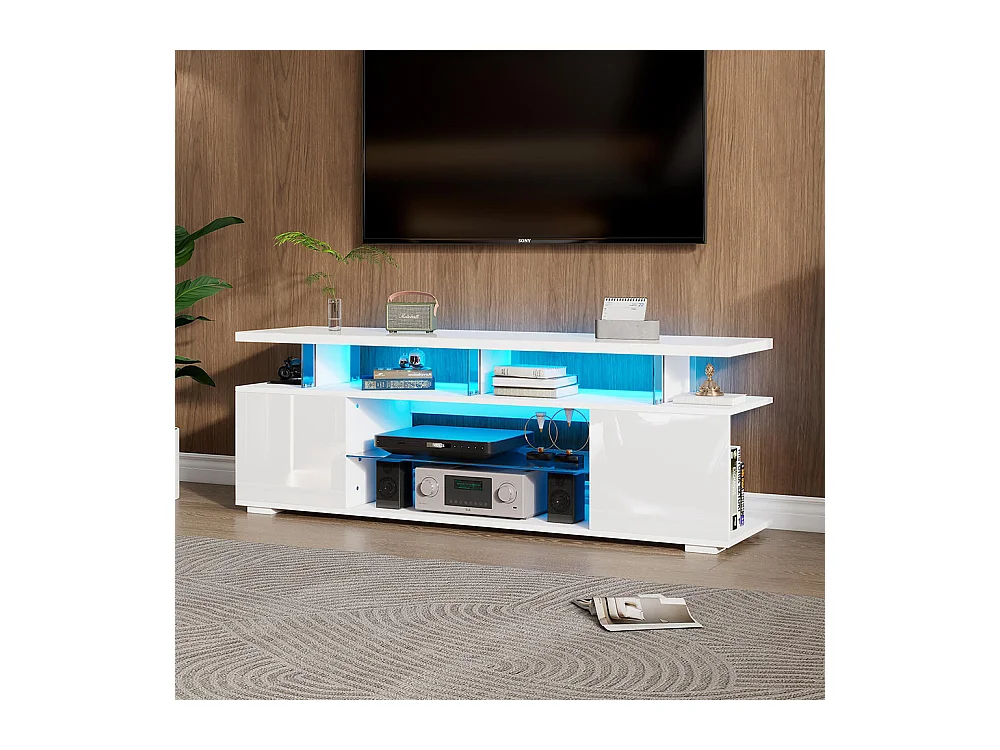 Meuble TV moderne à panneaux bas et finition brillante avec éclairage LED pour téléviseur 60 pouces tables blanc pur