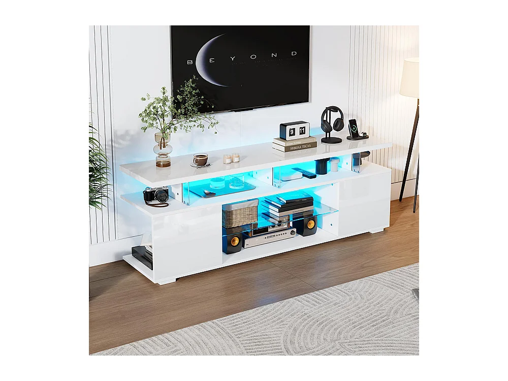 Meuble TV moderne à panneaux bas et finition brillante avec éclairage LED pour téléviseur 60 pouces tables blanc pur