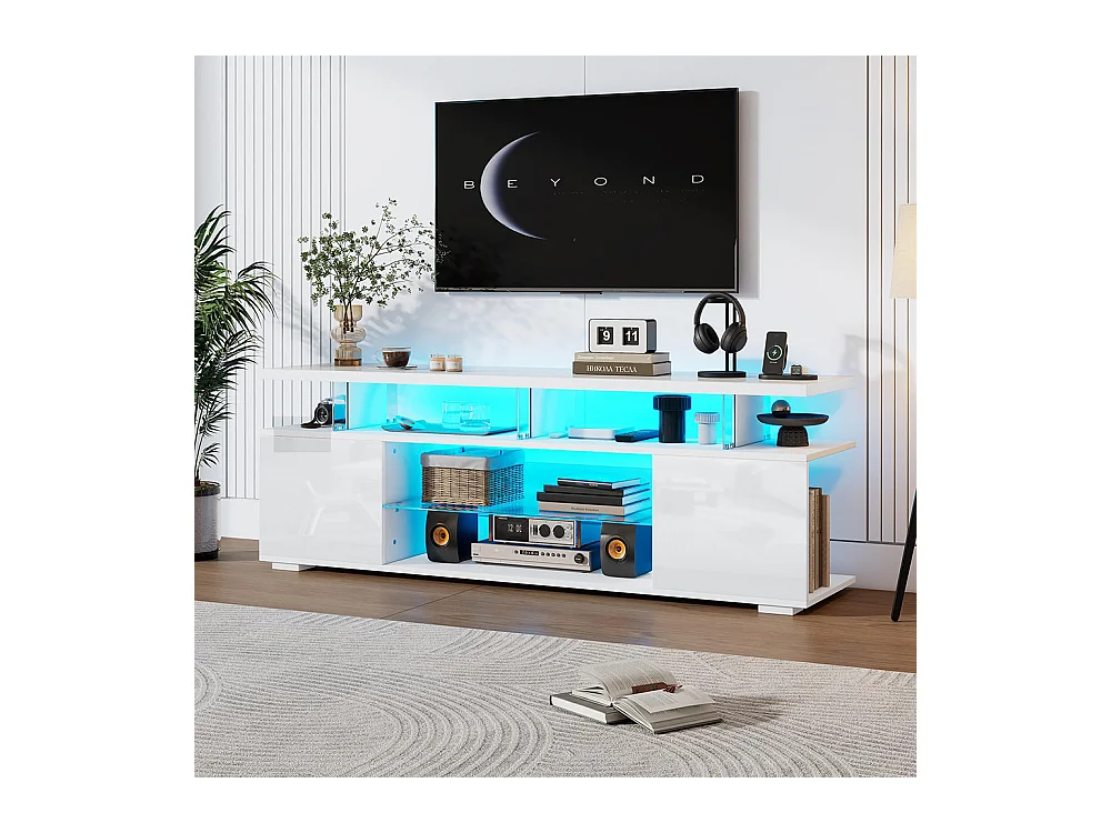 Meuble TV moderne à panneaux bas et finition brillante avec éclairage LED pour téléviseur 60 pouces tables blanc pur