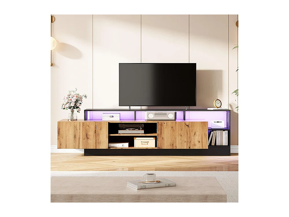 Meuble TV avec 2 portes moderne pour téléviseurs jusqu'à 70 pouces espace de rangement ouvert avec affichage LED couleur d'origine du bois et cadre noir