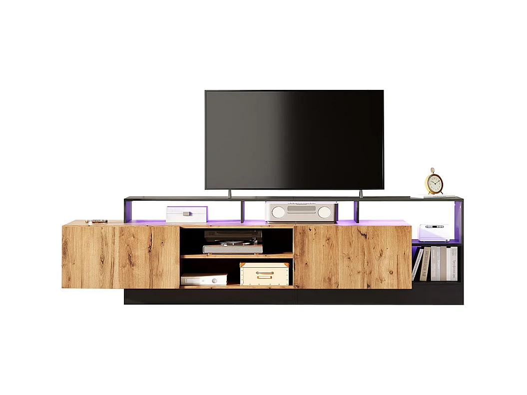 Meuble TV avec 2 portes moderne pour téléviseurs jusqu'à 70 pouces espace de rangement ouvert avec affichage LED couleur d'origine du bois et cadre noir