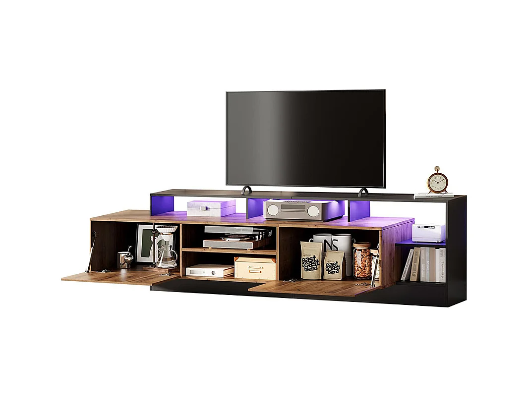Meuble TV avec 2 portes moderne pour téléviseurs jusqu'à 70 pouces espace de rangement ouvert avec affichage LED couleur d'origine du bois et cadre noir
