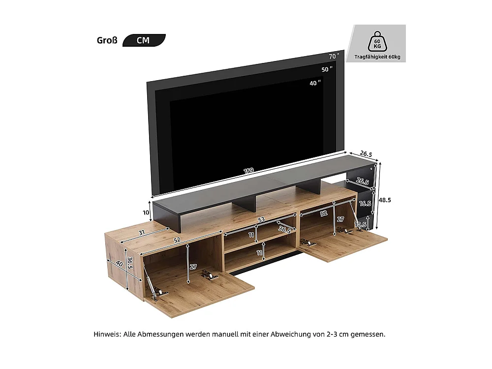 Meuble TV avec 2 portes moderne pour téléviseurs jusqu'à 70 pouces espace de rangement ouvert avec affichage LED couleur d'origine du bois et cadre noir