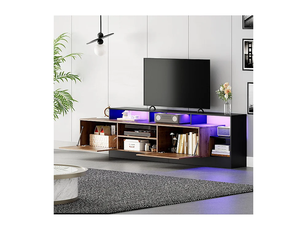 Meuble TV avec 2 portes moderne pour téléviseurs jusqu'à 70 pouces espace de rangement ouvert avec affichage LED couleur d'origine du bois et cadre noir
