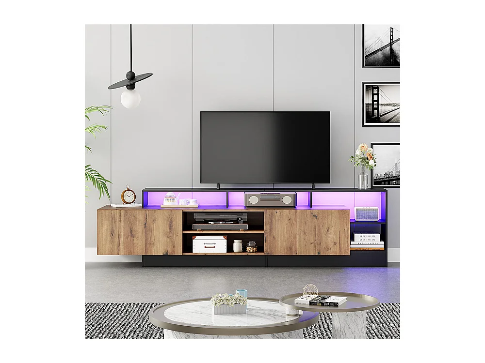 Meuble TV avec 2 portes moderne pour téléviseurs jusqu'à 70 pouces espace de rangement ouvert avec affichage LED couleur d'origine du bois et cadre noir